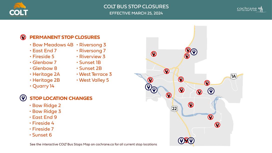Map of stops to be removed and moved by March 25, 2024