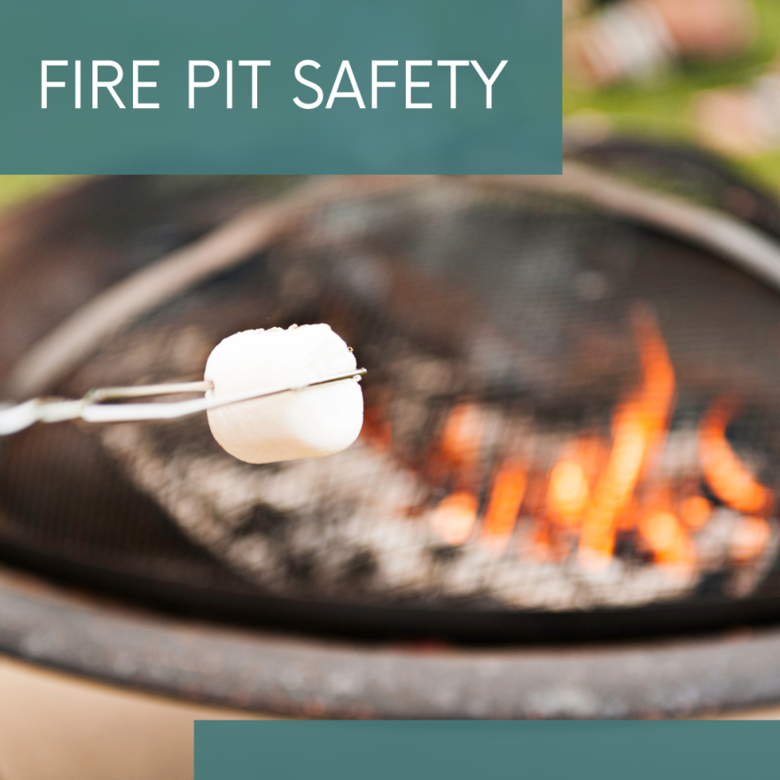 roasting a marshmallow over a fire pit with banner that says fire pit safety 