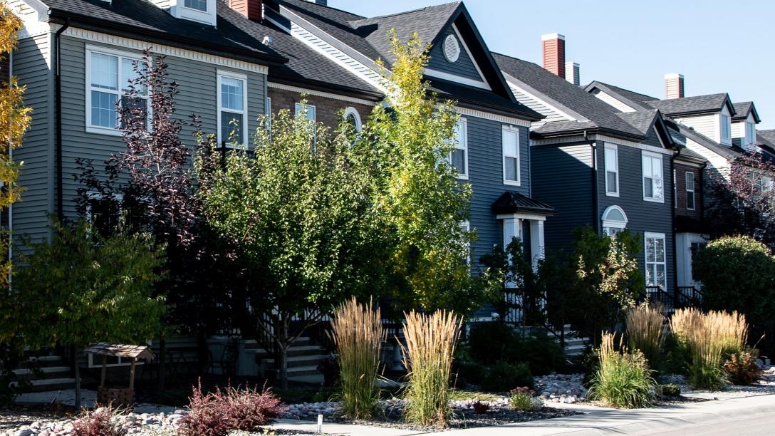 Row of houses with street in front. The sky is blue.