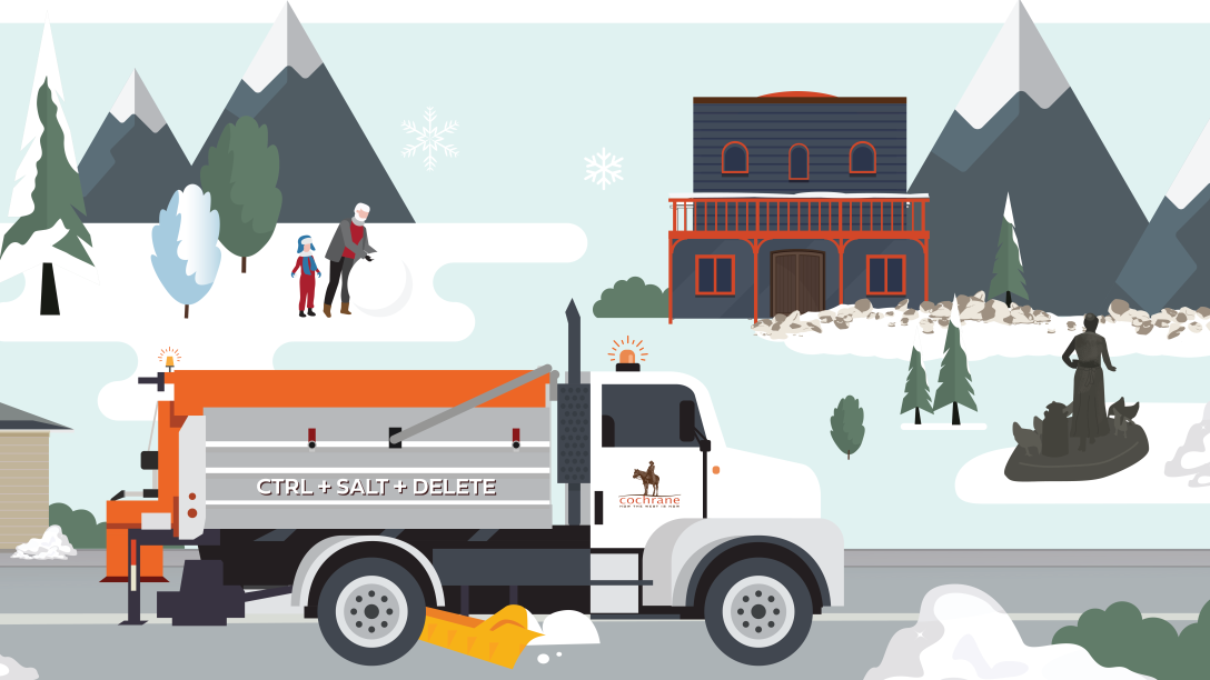 Illustrated snowplow on Cochrane street with the name Ctrl+Salt+Delete