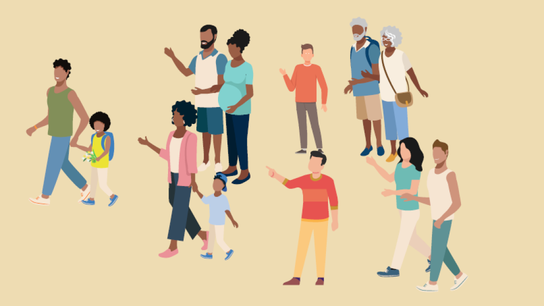 Illustrated people on tan background
