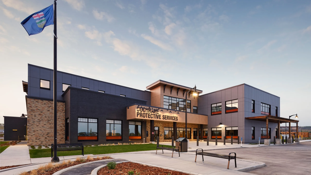 Exterior view of Cochrane Protective Services Building in Cochrane, AB