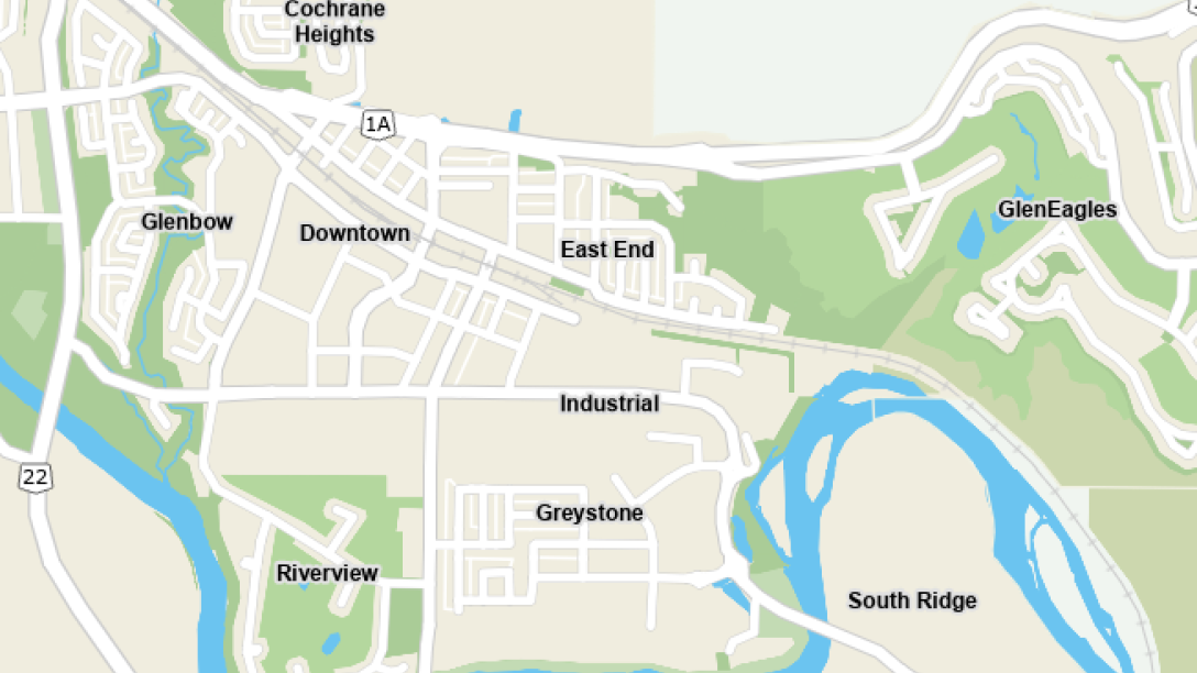 Map of downtown Cochrane and surrounding neighbourhoods