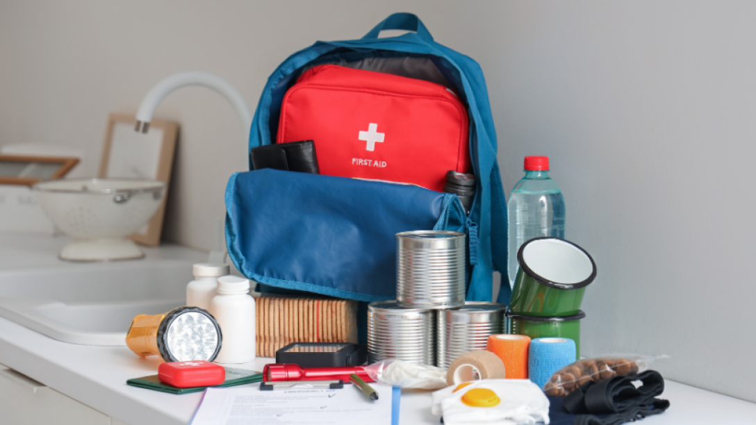 emergency kit with first aid, food and important supplies 