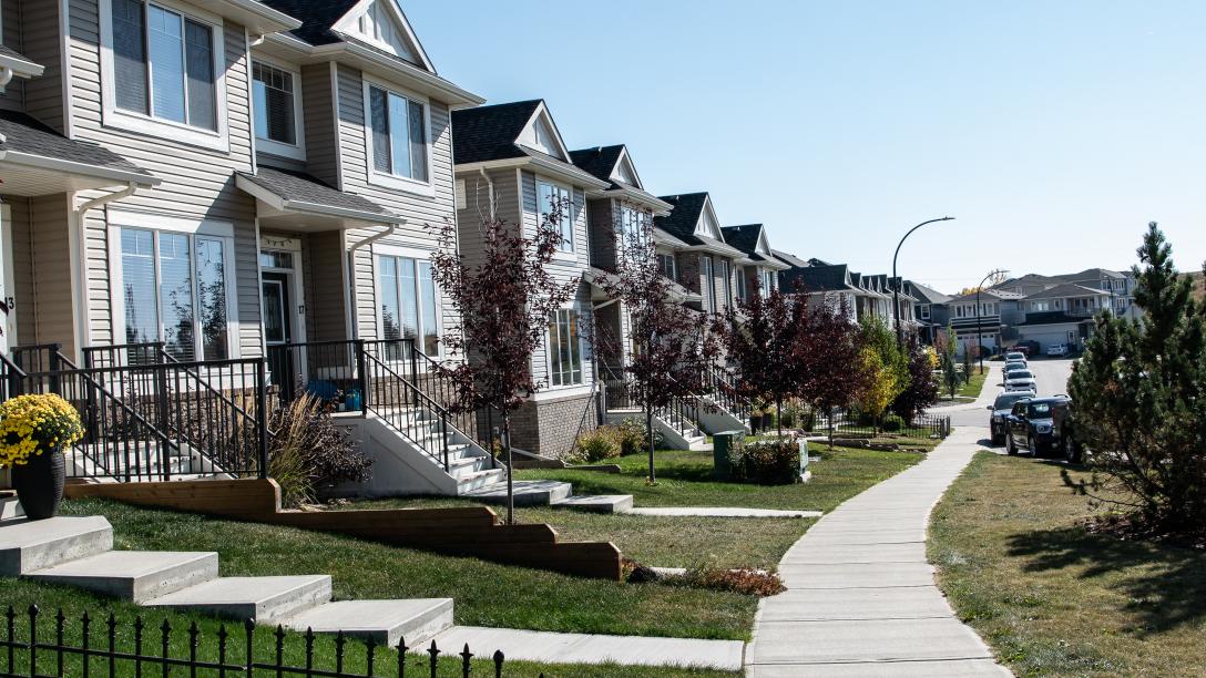 row housing with grass and sidewalk in front