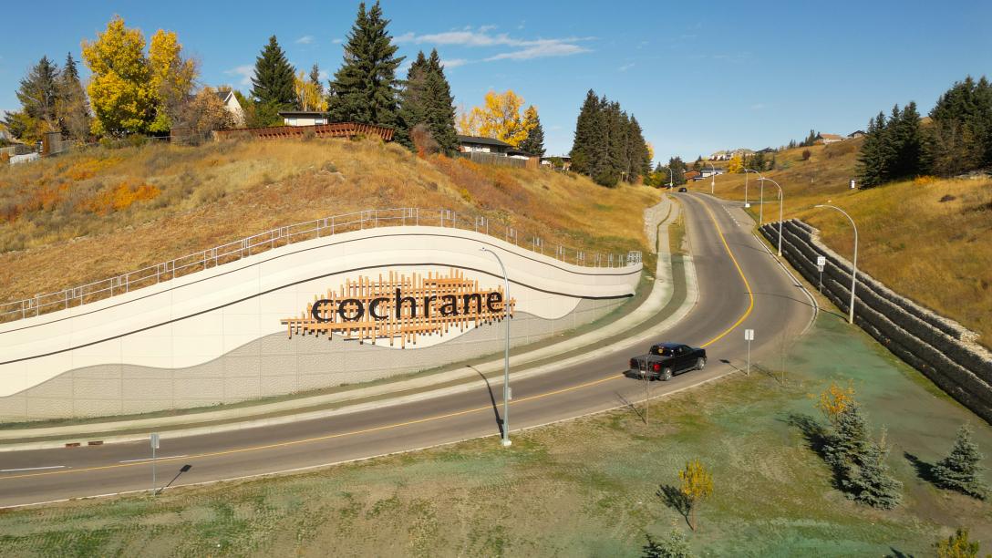 Birds eye view of Cochrane sign