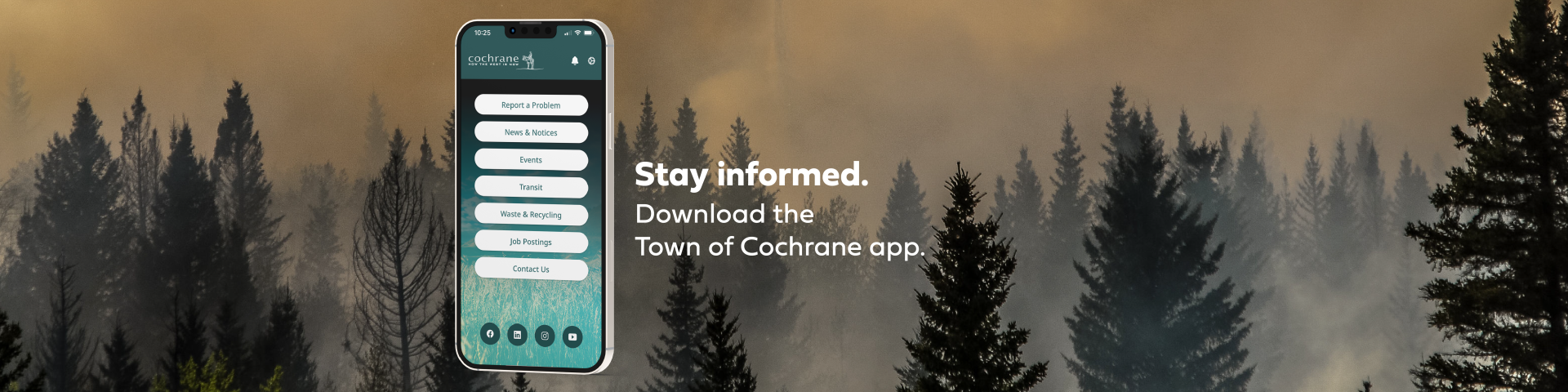 Town of Cochrane App mockup on an iphone. The background is a forest with dark colours and smoke arising from the trees.