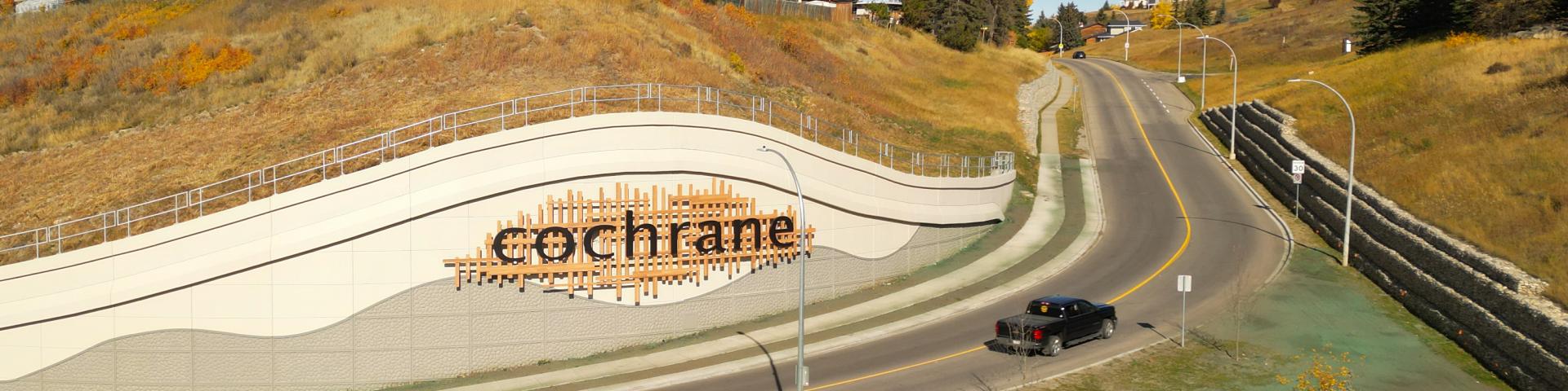 Birds eye view of Cochrane sign