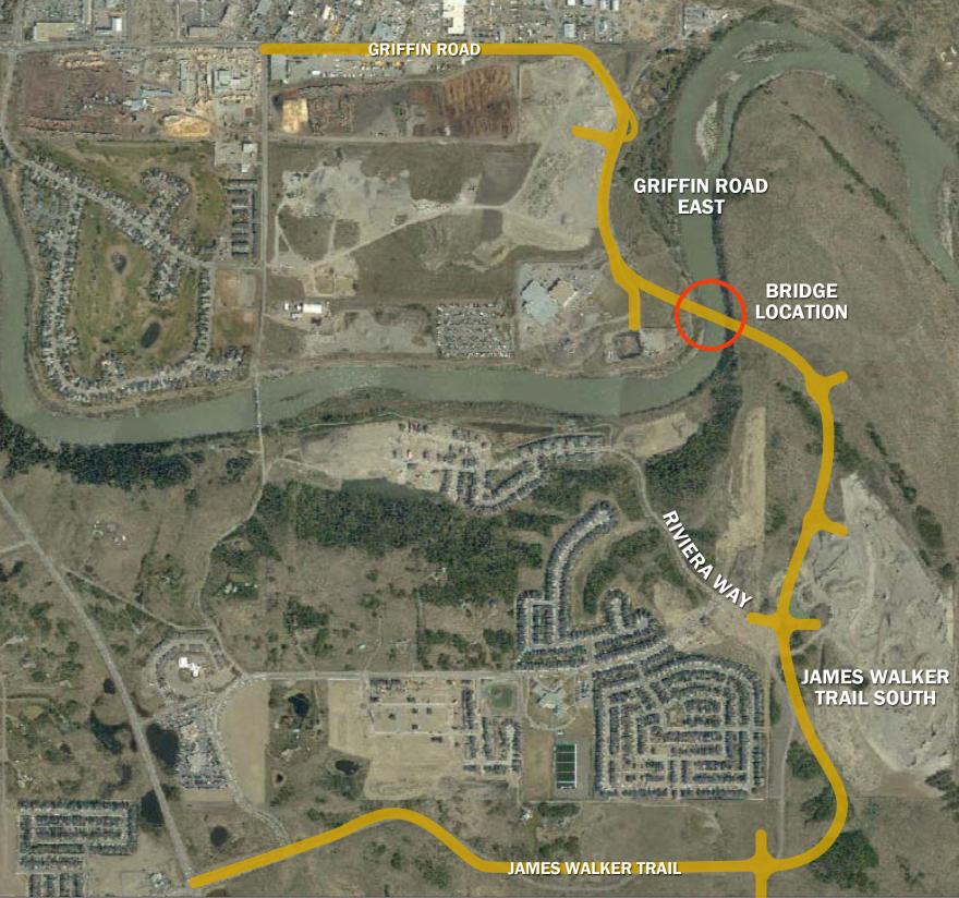 Map with area where bridge will be constructed circled in red.