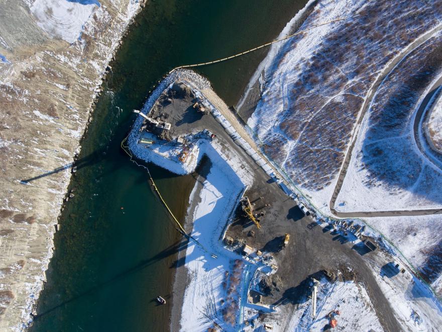 Aerial view of bridge foundation.