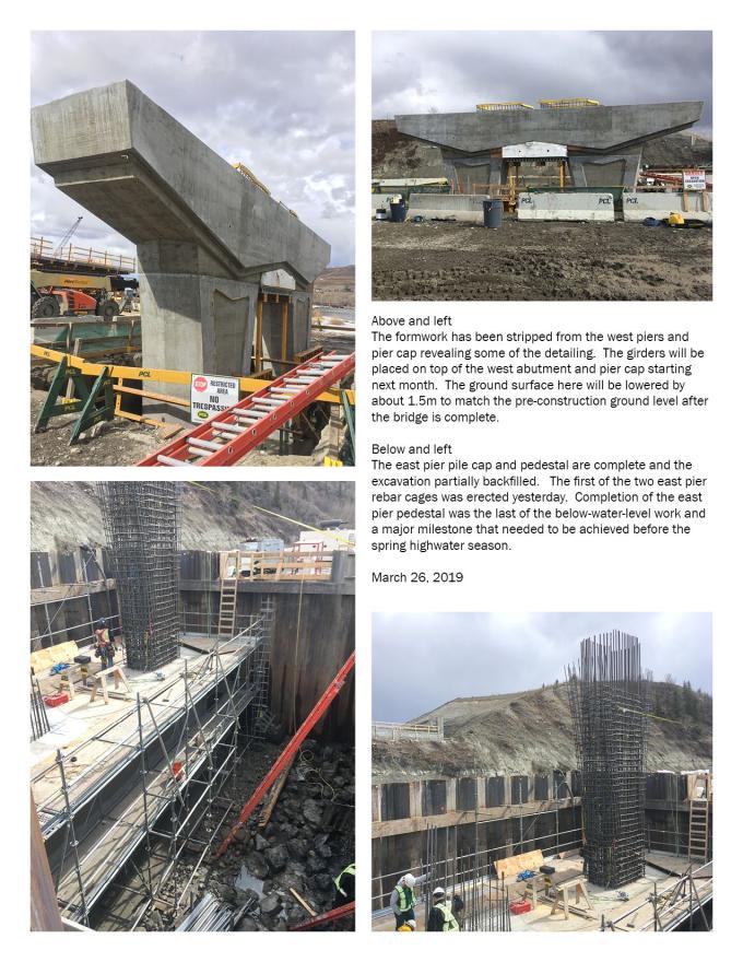 Multiple images and text describing the construction progress of the bridge's east pier pile and pedestal.