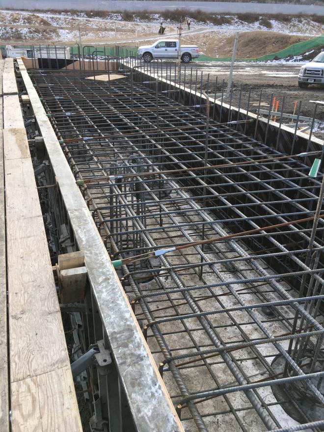 View of west abutment formwork and rebar. 