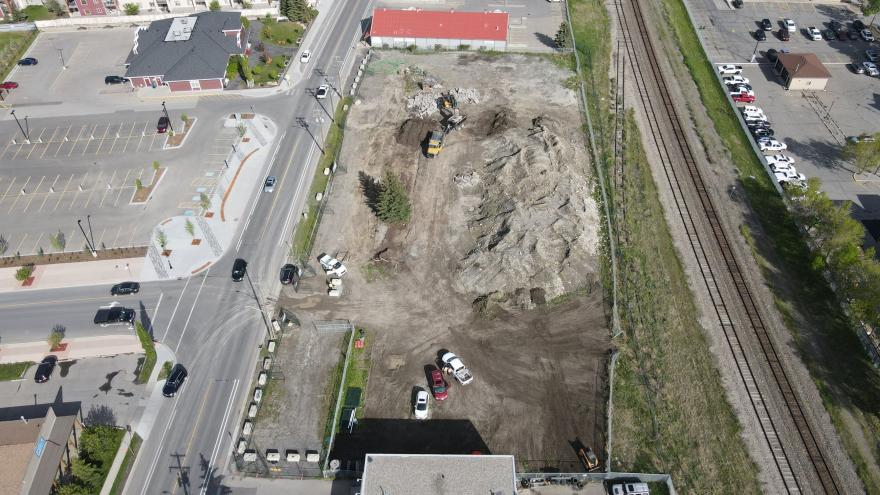 Aerial view of site clean-up for The Station construction.