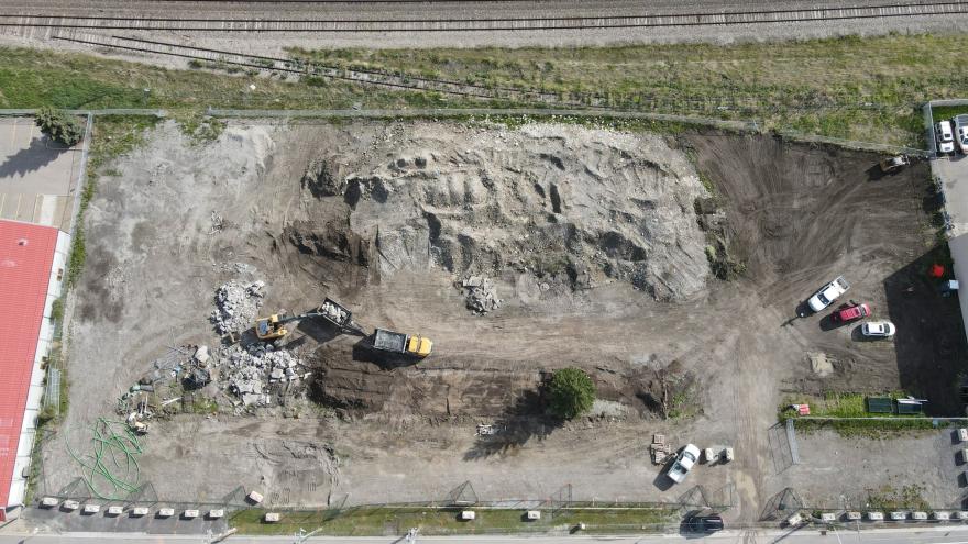 Aerial view of site clean-up for The Station construction.