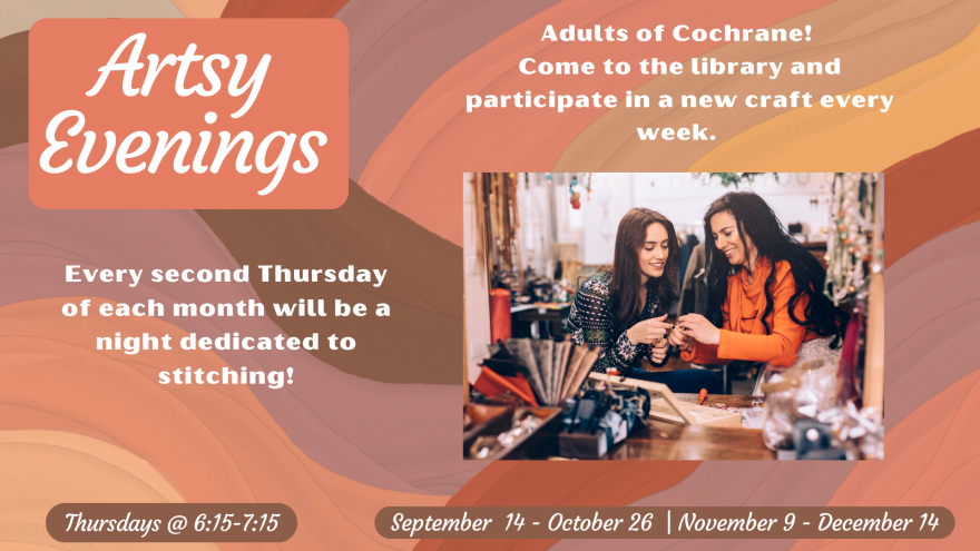 Flyer for Artsy Evenings event. The flyer has multiple shades of orange and brown. There are two women working on crafts at a workshop. The flyer contains wording promoting the event.