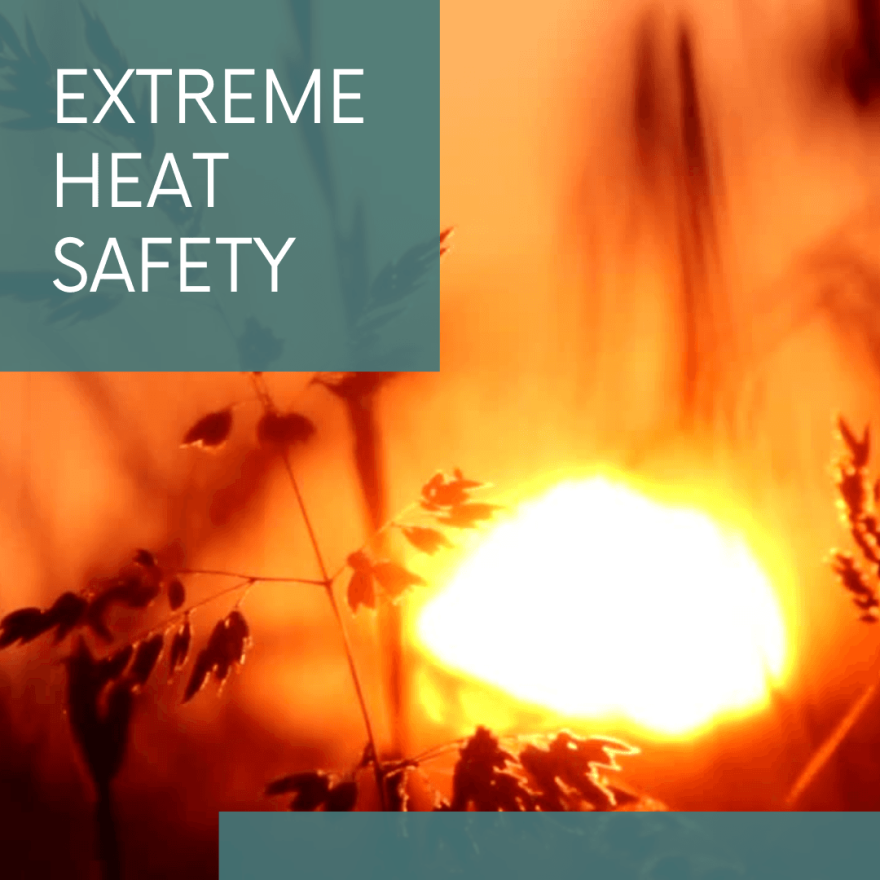 image of wheat in front of a blazing hot sun with banner that says extreme heat safety. 