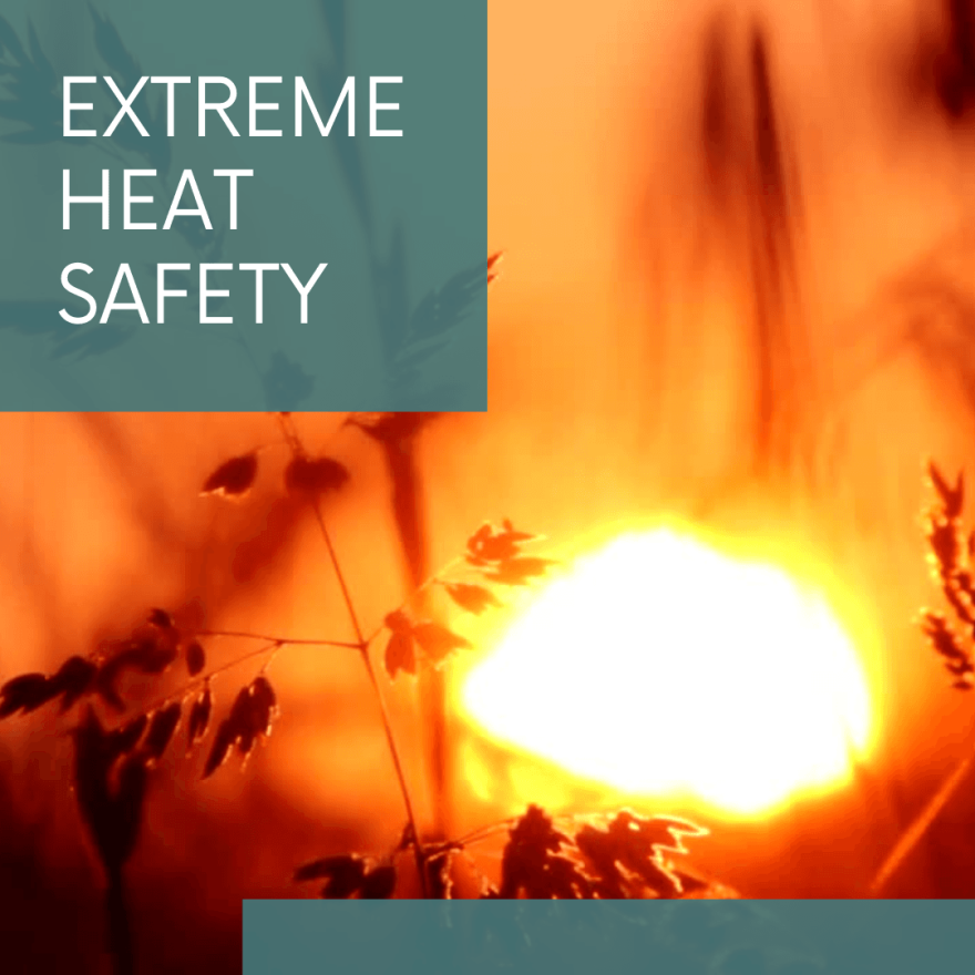 image of wheat in front of a blazing hot sun with banner that says extreme heat safety.