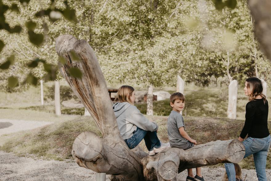 image of children and mom on wooden playground