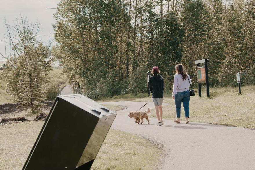 image of mom, son and dog walking down winding path with a garbage bin