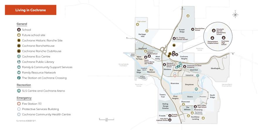 map of Town of Cochrane highlighting key facilities, schools, communities and more