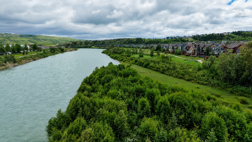 A birds eye view of Cochrane East and the Bow River