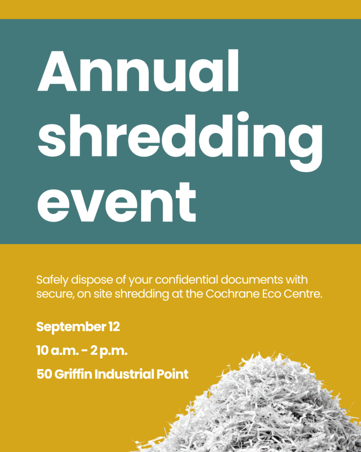 Annual shredding event on September 12 from 10 a.m. to 2 p.m. at 50 Griffin Industrial Point. A large pile of shredded white paper appears against a teal background.