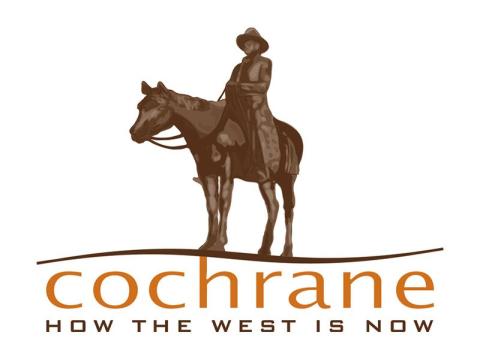 Cocrhane logo. There is a person in a cowboy outfit riding a horse. Under them are the words "Cochrane How the West is Now."
