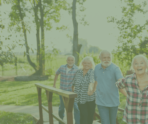 Group of four elderly people walking across a small wooden bridge. The people are smiling.