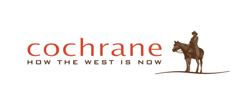 crhane logo. There is a person in a cowboy outfit riding a horse. Under them are the words "Cochrane How the West is Now."