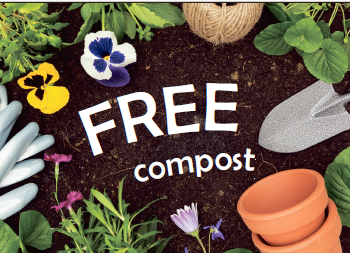 "free compost" text on garden backdrop