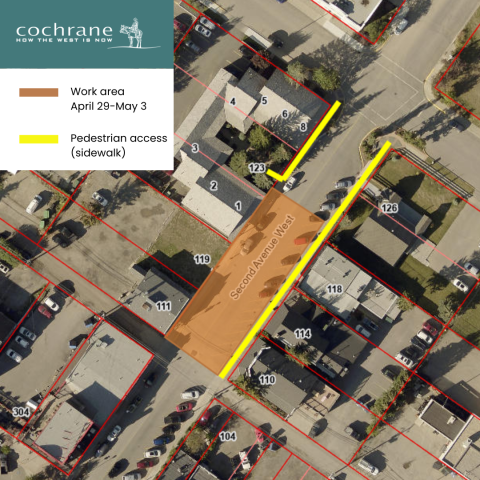 work area on Second Avenue West with partial road closures and pedestrian access only from April 29-May 3, 2024.