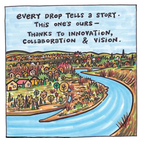 illustration of town of Cochrane and river
