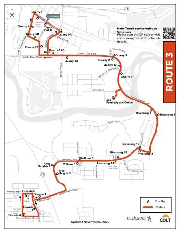 COLT fixed route number 3 connected Fireside, SLS Centre and Cochrane Downtown