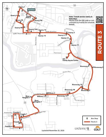 COLT fixed route number 3 connected Fireside, SLS Centre and Cochrane Downtown