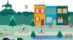 Close-up of Cochrane graphic. The image shows people walking around in a small neighbourhood. There are Three multi-unit buildings and an RCMP patrol car in the forefront. There is a mountain range and a hedge in the shape of a owboy riding a horse in the background.