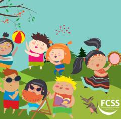 Graphic showing animated people celebrating and playing games. The animated people are on a green field celebrating.