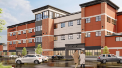 Render of exterior for new Garmin Canada Inc. building. The building is square in shape and coloured orange, beige and black.