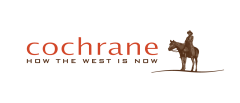 crhane logo. There is a person in a cowboy outfit riding a horse. Under them are the words "Cochrane How the West is Now."