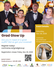 Poster promoting Grad Glow Up, a free event that provides formal wear for local high school graduates. It features students dressed for graduation, event details, a QR code and partner logos.