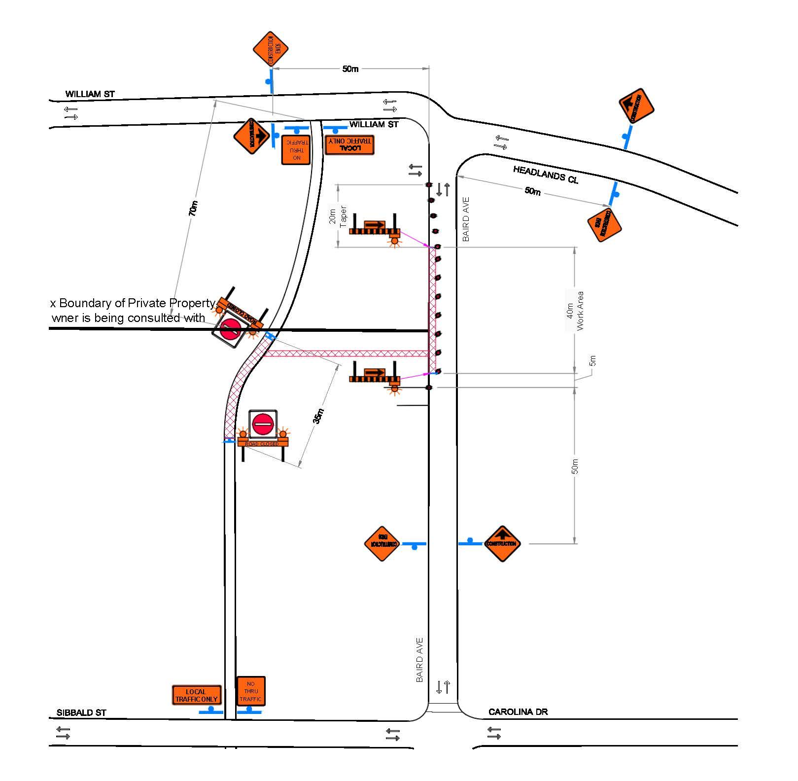 Construction map identifying signs, closures and construction area
