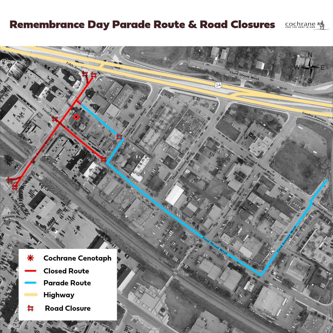 Map of Cochrane Historic Downtown with highlighted Remembrance Day parade route and road closure for Remembrance Day Ceremony.