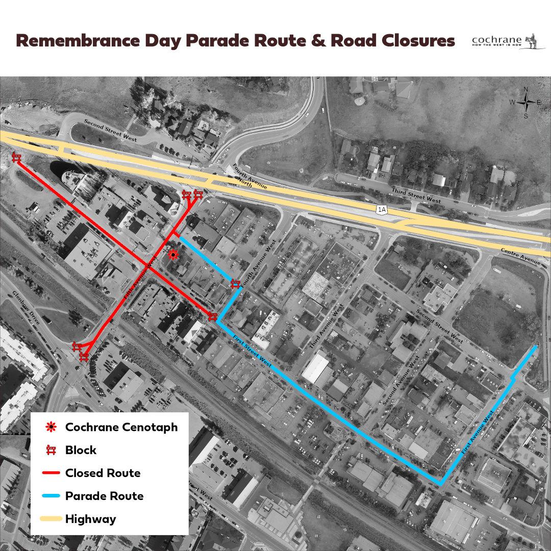 Map of Cochrane Historic Downtown with highlighted Remembrance Day parade route and road closure for Remembrance Day Ceremony.