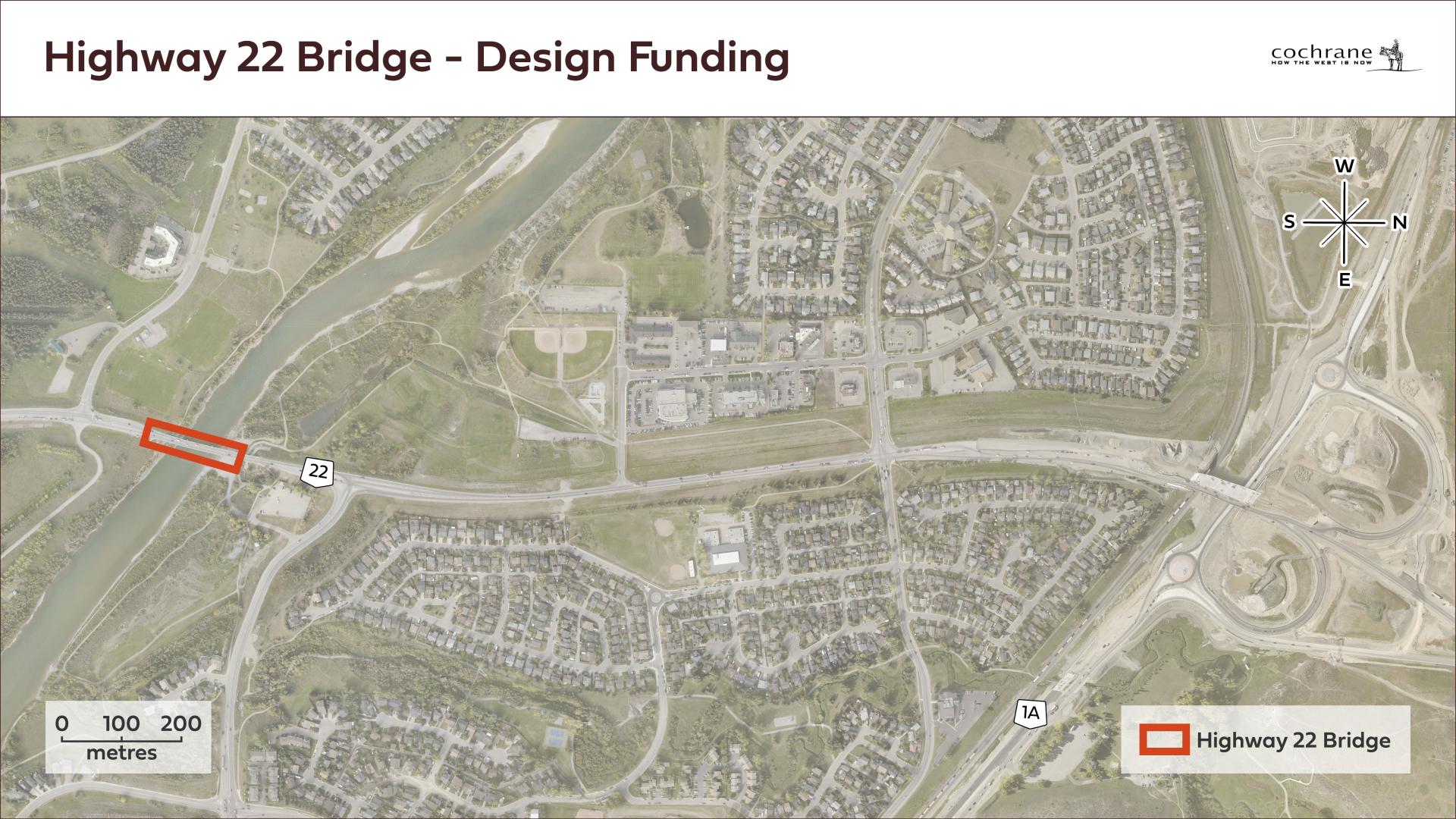 aerial map of highway 22, highlighing the bridge over the river