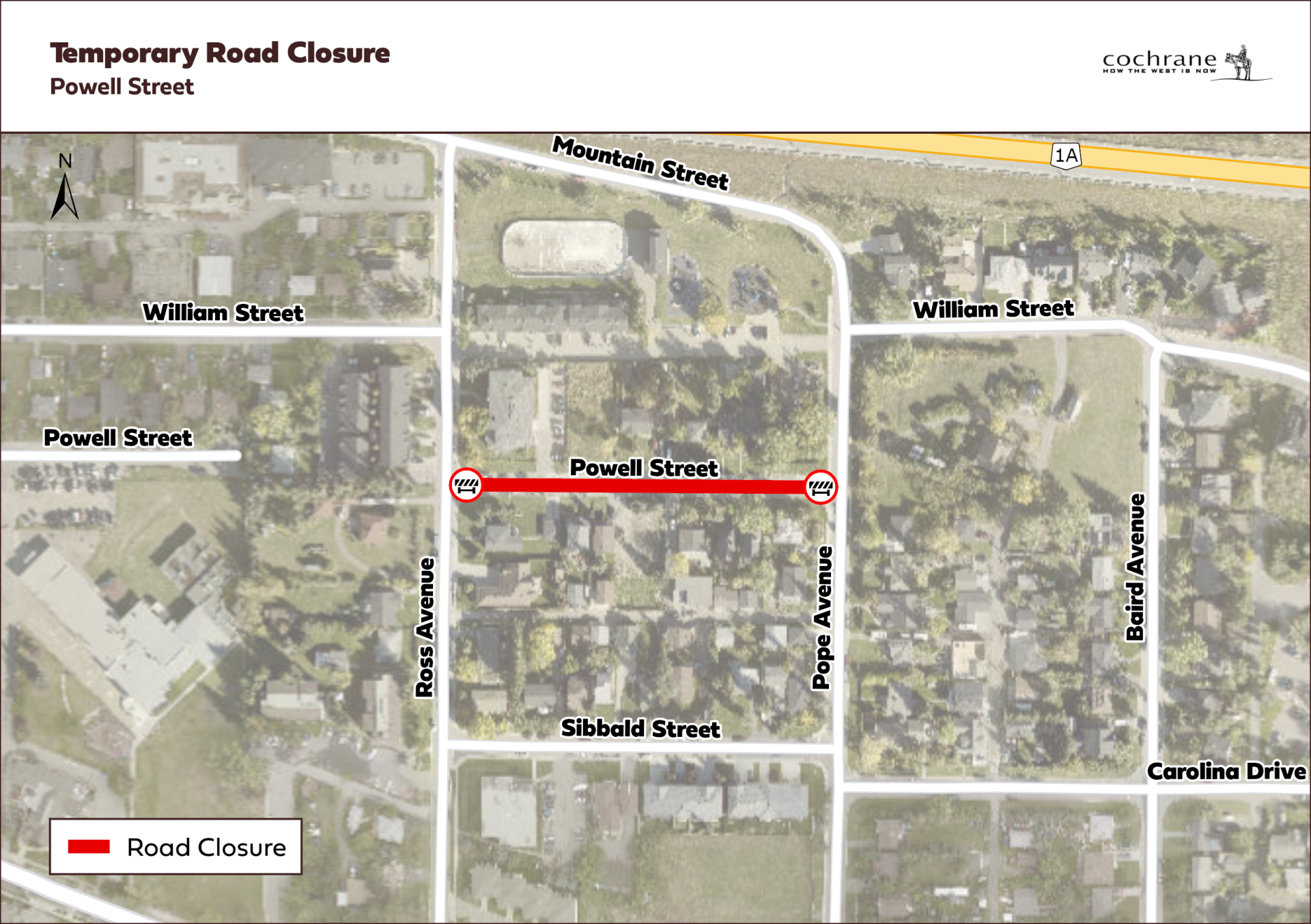 A map showing the road closure on Powell Street