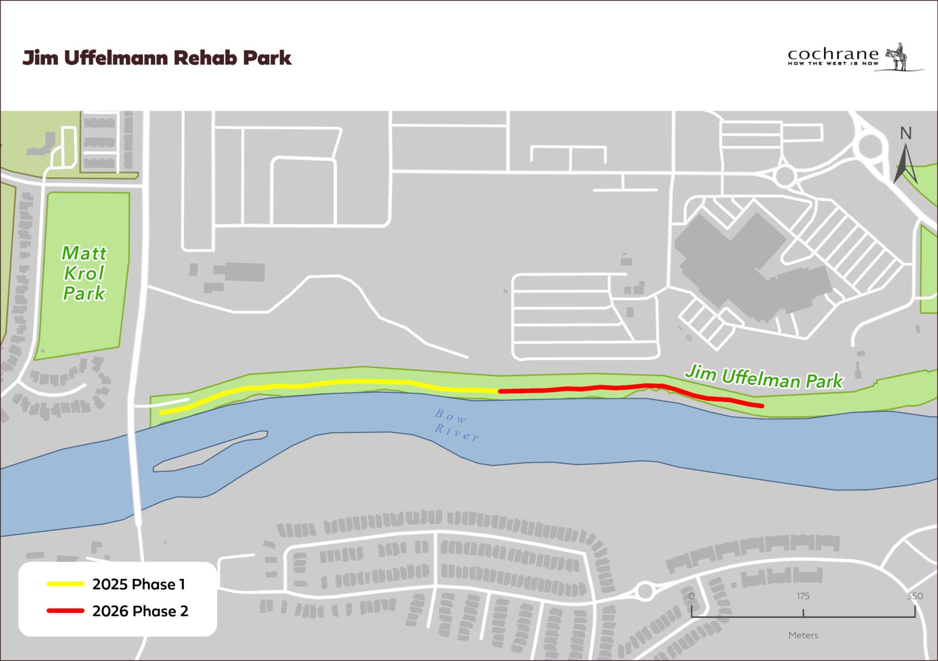 Map of planned pathway rehabilitation phases in Jim Uffelman Park along the Bow River in Cochrane, showing 2025 Phase 1 in yellow and 2026 Phase 2 in red.