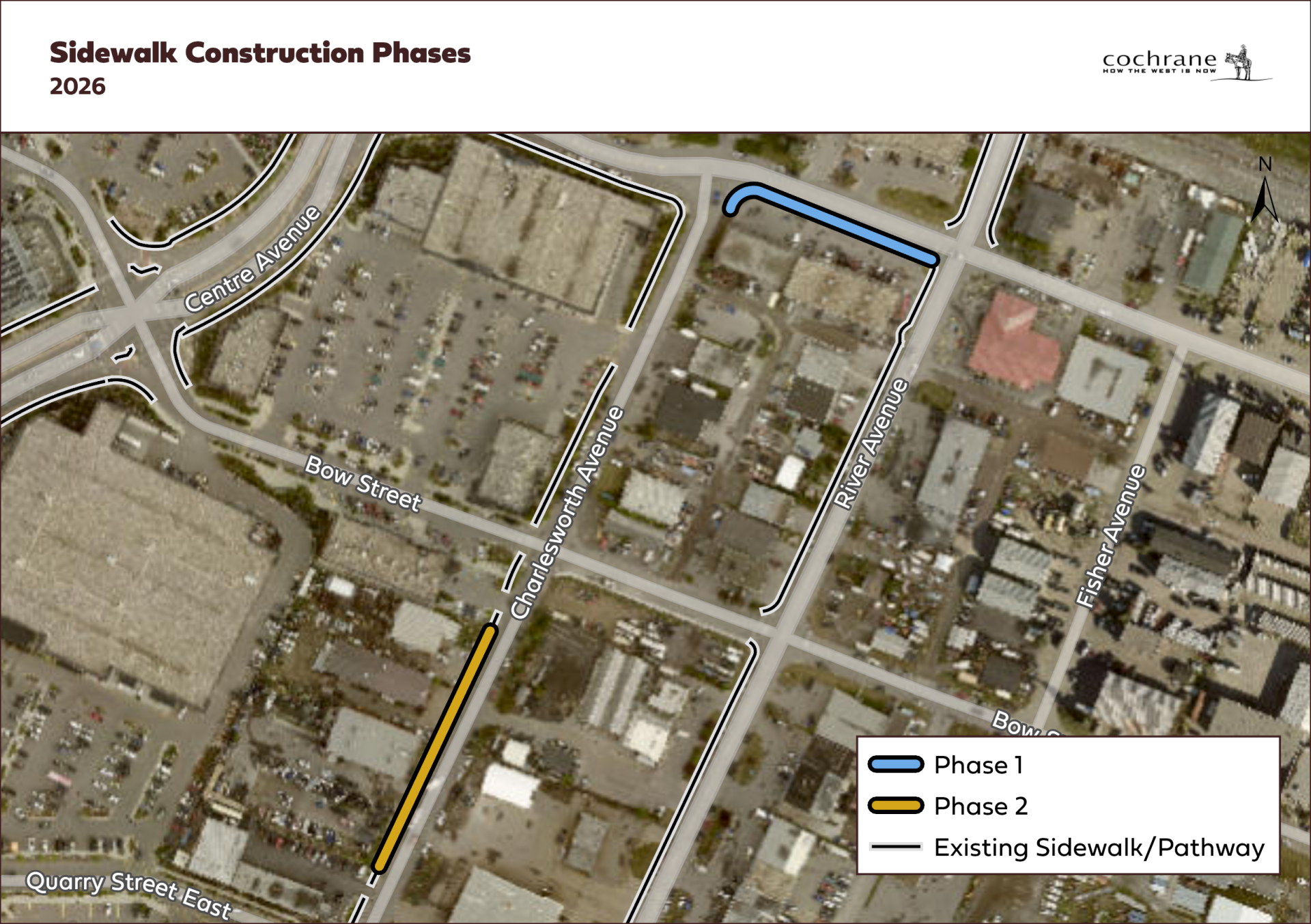Map showing the 2026 sidewalk construction phases, with Phase 1 highlighted along River Avenue and Phase 2 highlighted along Charlesworth Avenue. Existing sidewalks and nearby roads are also shown.