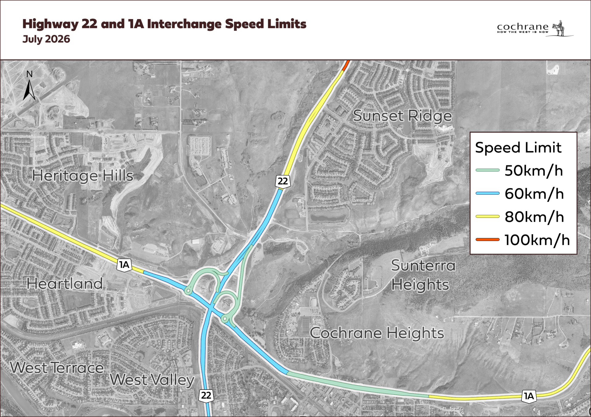 Map showing the Highway 22 and Highway 1A interchange in Cochrane with colour-coded speed limits ranging from 50 km/h to 100 km/h.