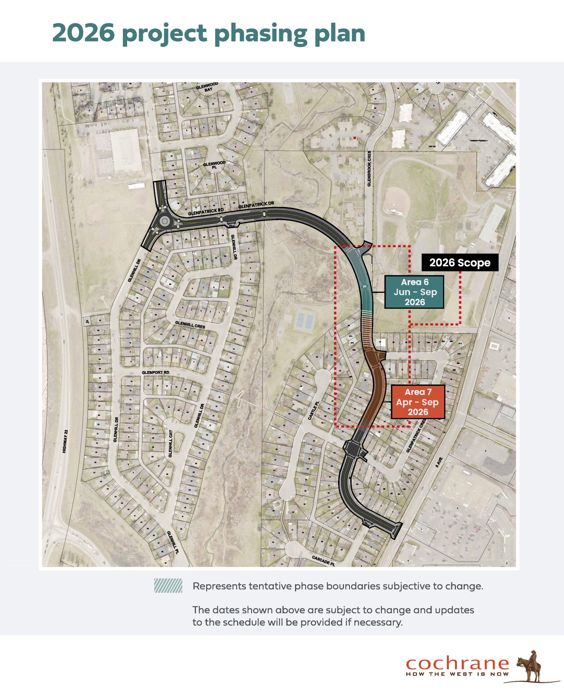 2026 project phasing map showing road construction areas 6 and 7, with work tentatively scheduled from April to September 2026.