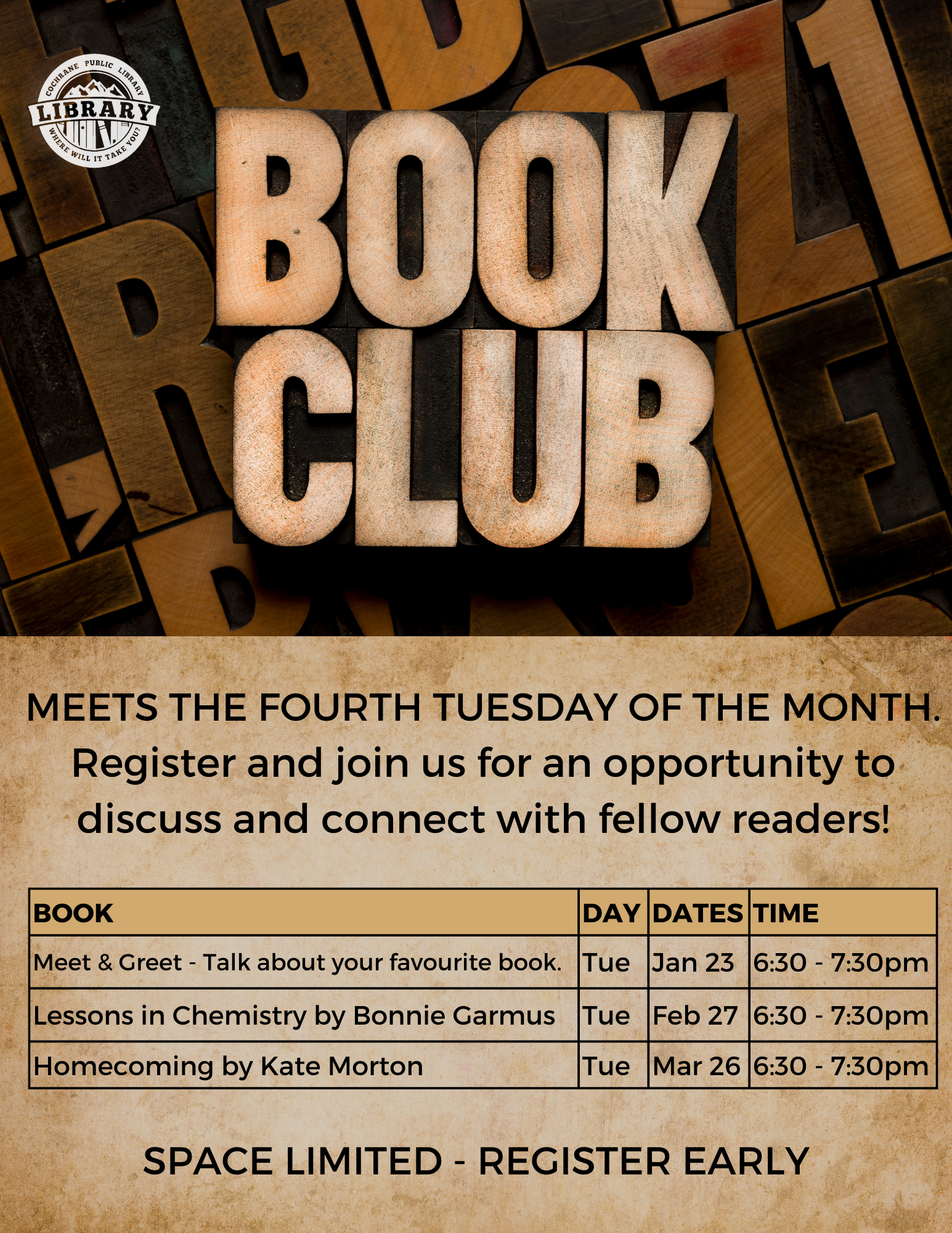 Picture with letters spelling Book Club in 3-D