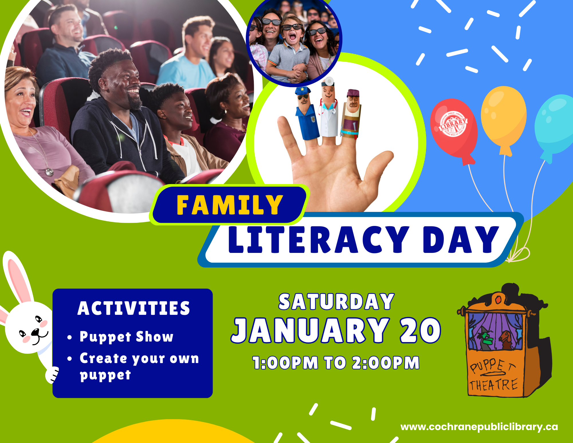 Poster with finger puppets and family's watching a show